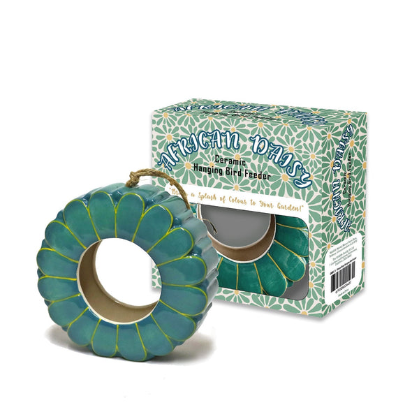 Vogelfutterstation aus Keramik mit afrikanischem Gänseblümchenmotiv zum Aufhängen