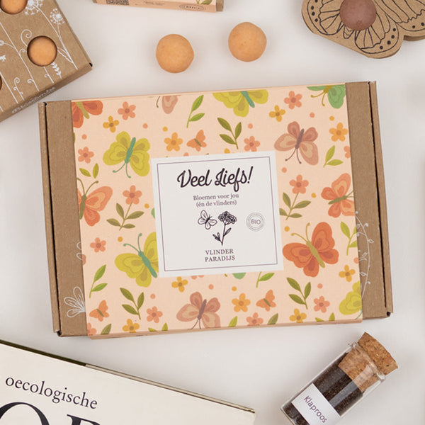 Geschenkbox Klein "Veel liefs!" mit 7 Schmetterlings-Mix-Samenbomben