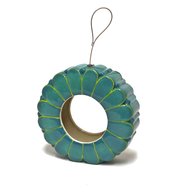 Vogelfutterstation aus Keramik mit afrikanischem Gänseblümchenmotiv zum Aufhängen