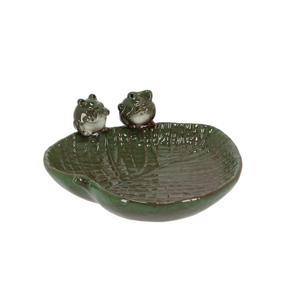 Vogelbad Keramikfrösche auf Blatt