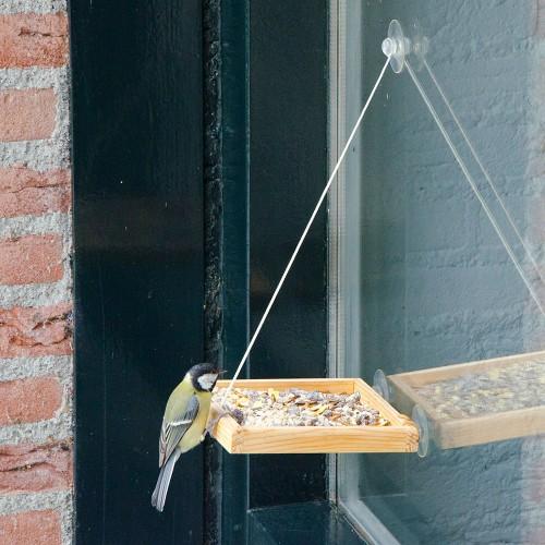 BirdSwing Vide Fensterfuttertablett – hölzerner Fensterfuttertisch mit 3 Saugnäpfen (Tablett ca. 16×16–17,5×2 cm; Gesamthöhe ±40 cm) – 1,5 kg Tragkraft – CJ Wildlife