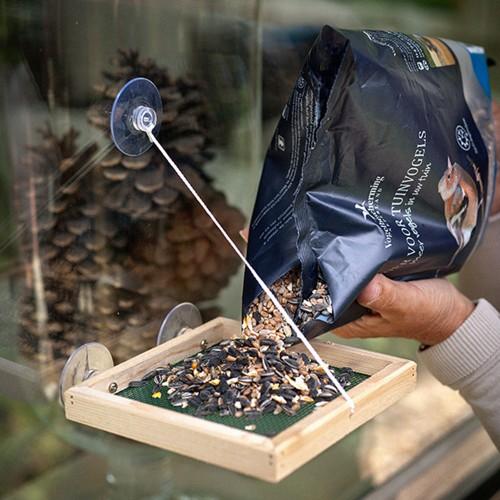 BirdSwing Vide Fensterfuttertablett – hölzerner Fensterfuttertisch mit 3 Saugnäpfen (Tablett ca. 16×16–17,5×2 cm; Gesamthöhe ±40 cm) – 1,5 kg Tragkraft – CJ Wildlife
