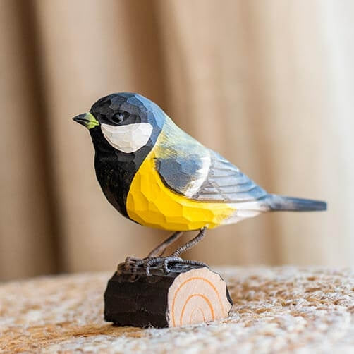 Vogelbeeldje Koolmees – Handgesneden Houten Decoratievogel | DecoBird Wildlife Garden